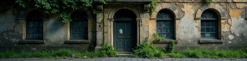 Crumbling stone fa?ade with ivy and moss covering, nighttime, fading paint, shadows cast