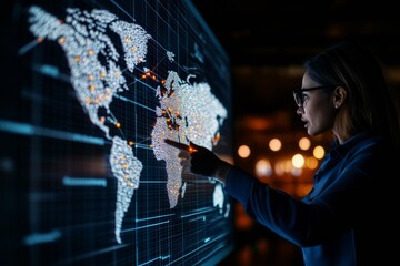 Contemporary Global Logistics Strategy South Asian Woman Analyzing Digital World Map - Smart Business Decisions and Modern Supply Chain Management in Corporate Environments