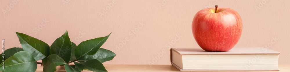 Aufkleber minimalist educational space stack of open books, notebook, and apple on wooden surface - modern lea