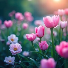 Fototapeta premium Flowers in garden with soft pink and blue hue, garden, pink