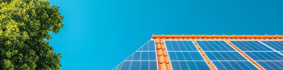 Fototapeta premium Eco-Aesthetic Solar Design Vibrant Rooftop Panels with Terracotta Tile - Sustainable Home Energy Solutions and Green Living Innovations