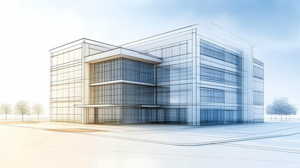 Modern office building design, urban street, sunny day, architectural plans