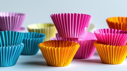 Colorful cupcake liners on table, baking preparation, close-up