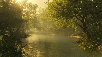 Fototapeta premium Serene River in a Misty Forest at Dawn
