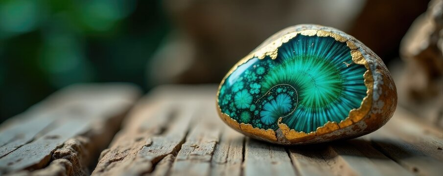 Fossilized mineral specimen with malachit decoration, rock, decor, gemstone