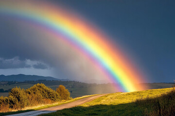 Colorful rainbow arches over winding road near grassy hills after a rainstorm during late afternoon