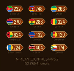 Naklejka premium Set of vector illustrations of ISO 3166 1 numeric and flags of African countries. Part 2 