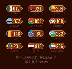 Set of vector illustrations of  ISO 3166 1 numeric and flags of African countries. Part 1.
