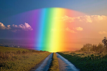 Colorful rainbow arches over winding road near grassy hills after a rainstorm during late afternoon