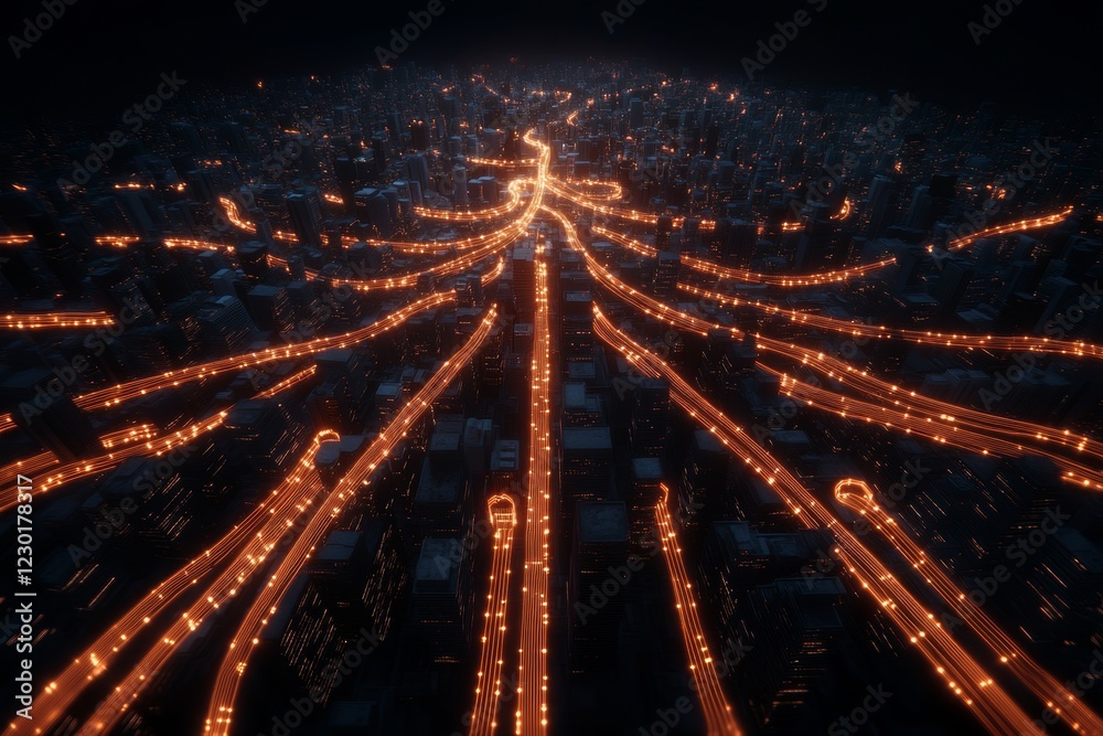 Poster Futuristic Smart Cityscape Illuminated Urban Network Pathways in Glowing Grid - Data Infrastructure Visualization for Urban Planning and Tech Innovation in Connectivity Solutions