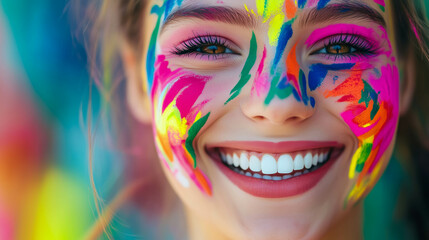 Fototapeta premium Happy smiling woman with colorful holi powder on face is celebrating festival of colors