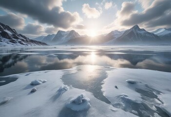 Fototapeta premium Icy surface of a frozen lake under cloudy sky, frozen tundra, winter scenery, icy surface