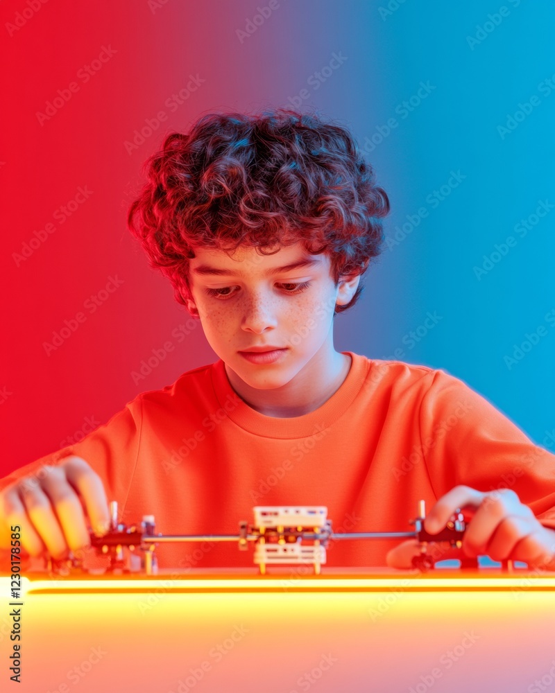 Poster neon tech workspace young innovator with curly hair engages robotics - interactive learning and digi
