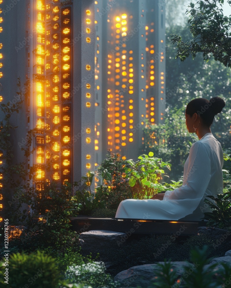 Poster tech-infused gardencore lab modern scientist with biophilic planter and holographic panels in futuri