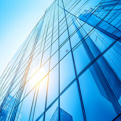 City skyscraper reflection, sun, urban