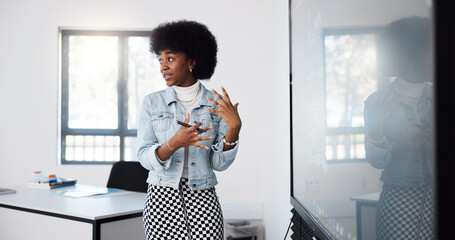 Presentation, screen and training with business black woman in office for coaching or development....