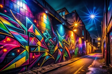 Glowing Graffiti Art Illuminates Dark Urban Wall: Vibrant Rebellious Street Expression Minimalist Photography
