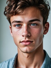 Fototapeta premium A close-up portrait of a young man with curly hair and blue eyes and looking directly at the viewer