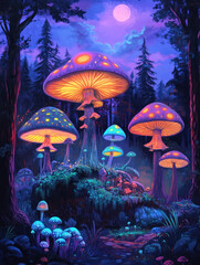 Magical Glowing Mushrooms Forest Night Scene Art