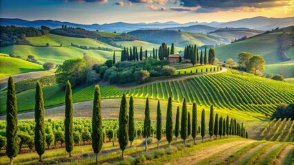 Fototapeta premium Italian wine region landscape with rolling hills and cypress trees, rural landscape, rustic scenery, wine country, hills, italian wine region