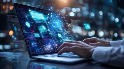 Fototapeta premium Businessman Working on Laptop with Digital Data Graphics Display