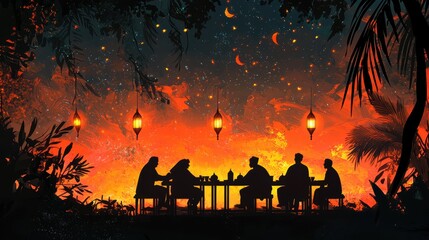 Silhouettes of Friends Gathering Under Lanterns in Enchanted Twilight