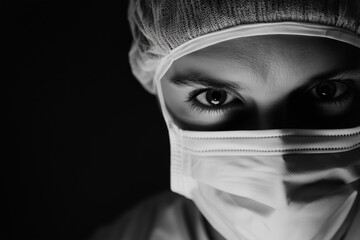A close-up portrait of a masked healthcare worker, emphasizing determination and care in a monochrome setting.