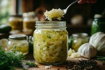  A freshly prepared jar of homemade fermented sauerkraut sits on a rustic wooden table, surrounded by fresh cabbage, herbs, and spices.