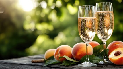 A tall glass of sparkling drink filled with bubbles sits next to ripe peaches on a wooden surface, surrounded by a vibrant peach orchard under clear blue skies.