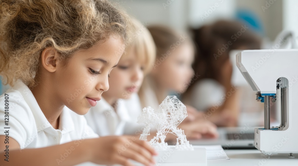 Poster contemporary edtech hub engaged indian children with printer and digital tools in modern classroom -