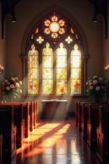 Fototapeta premium Light pours through stained glass windows of a sunlit funeral chapel, pews, flowers