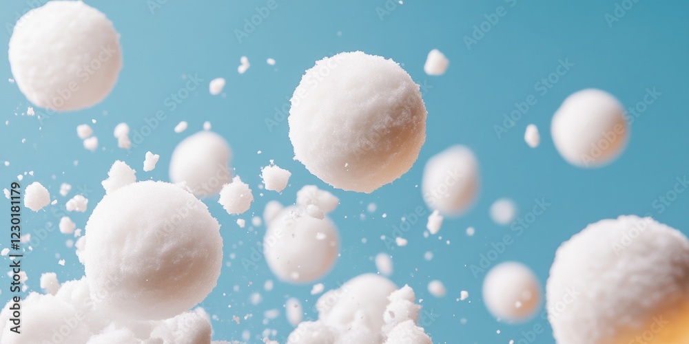 Poster surreal snow globe dynamics textured snowballs suspended in air against clear sky - innovative visua