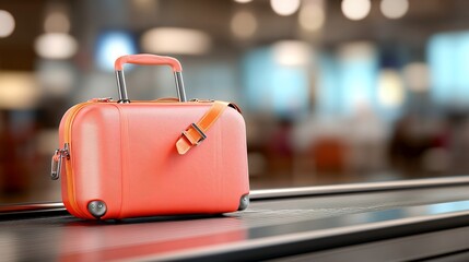 Orange luggage on airport conveyor belt with blurred background