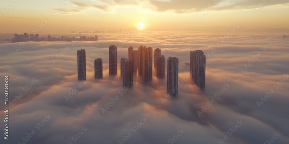 Poster futuristic urban skyline aerial view of south korean skyscrapers in fog - sustainable architecture a