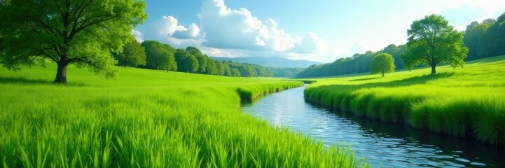 Lush green meadow with a serene river flowing gently in the background, green, peaceful, landscape