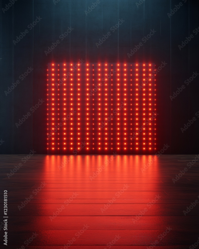 Poster futuristic led display minimalist red light grid on reflective mdf surface - high-tech interior acce