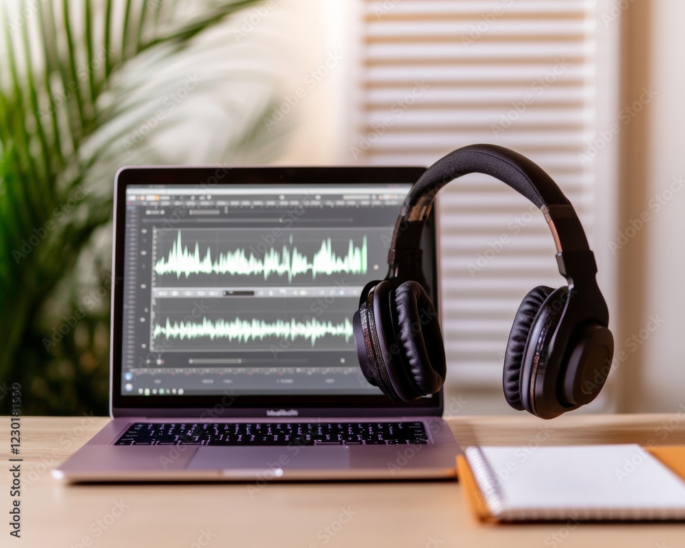 Poster dynamic podcast workspace modern wooden desk with audio editing software, headphones and notepad - e