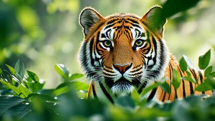 Majestic Tiger Prowling Through Lush Greenery in Sunlit Jungle on International Tiger Day Celebrating Wildlife Conservation and Natural Habitat with Intense Gaze and Vibrant Foliage