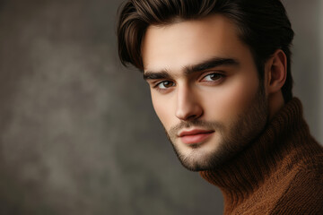 Fototapeta premium Close-up of a handsome man in a cozy turtleneck sweater, exuding confidence and warmth, perfect for showcasing winter fashion, lifestyle branding, or editorial promotions.