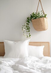 Serene Floral Bedroom Decor White Bedding with Rattan Headboard and Hanging Planters - Minimalist Interior Design for Urban Apartments and Cozy Home Enhancement