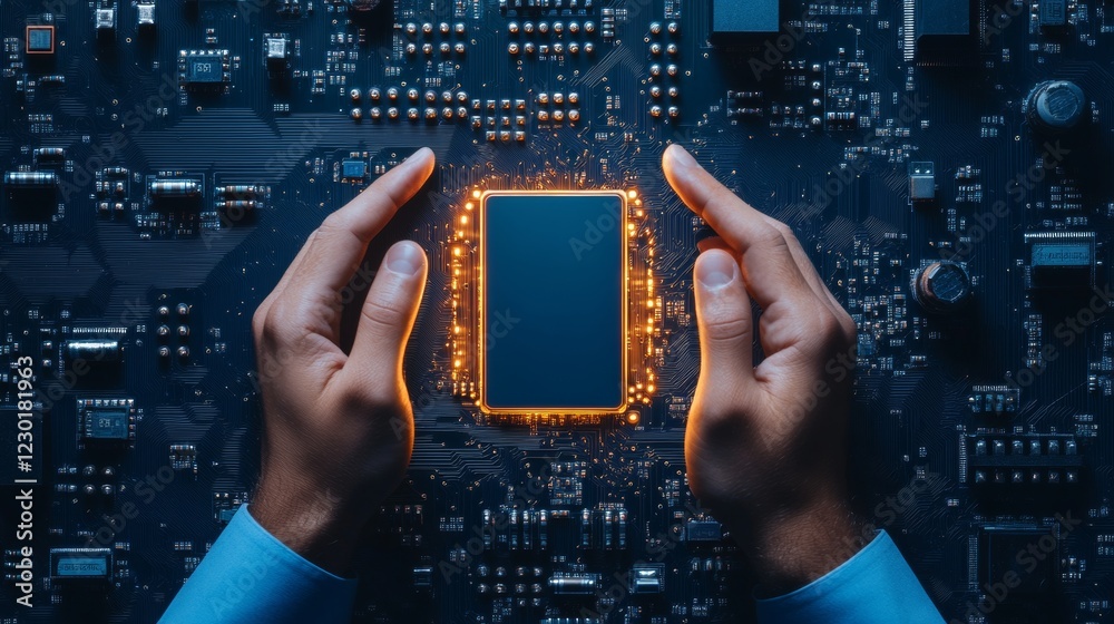 Fototapete Futuristic Tech Aesthetic Hands-on Microchip Interface with Circuitry - Essential Content for Innovative Mobile Repair and Seamless Device Connectivity Solutions