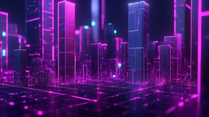 Fototapeta premium A vibrant, neon-lit cityscape featuring towering skyscrapers in shades of pink and blue, creating a futuristic and dynamic atmosphere.