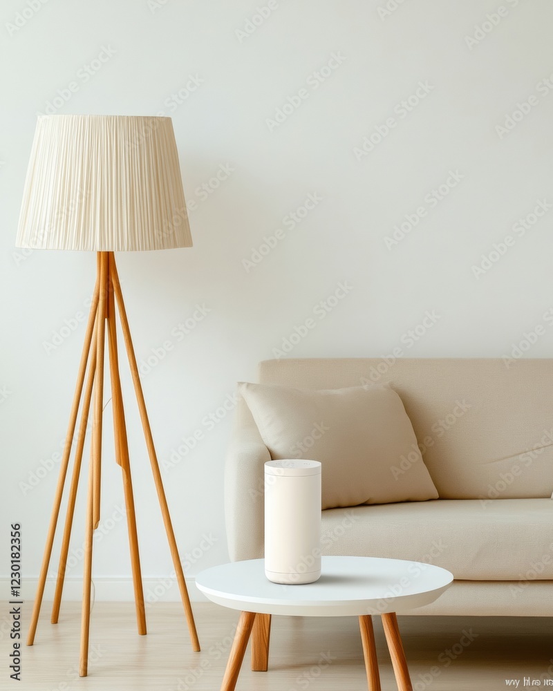 Poster minimalist smart home voice assistant speaker on white coffee table with soft lighting - modern tech