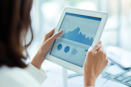 Businesswoman using a digital tablet reviewing financial data and charts, working in modern office