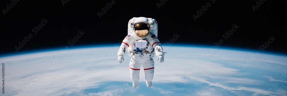 Poster futuristic space exploration imagery astronaut in minimalist outer space with advanced satellite - h