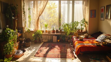 Sunlit Room Filled with Plants and Singing Bowls