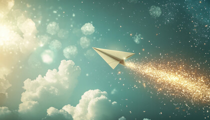 Paper Airplane Soaring Through Magical Sky