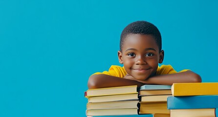 cheerful young student sitting with a stack of books against a blue background, symbolizing education, continuous learning and tuition theme