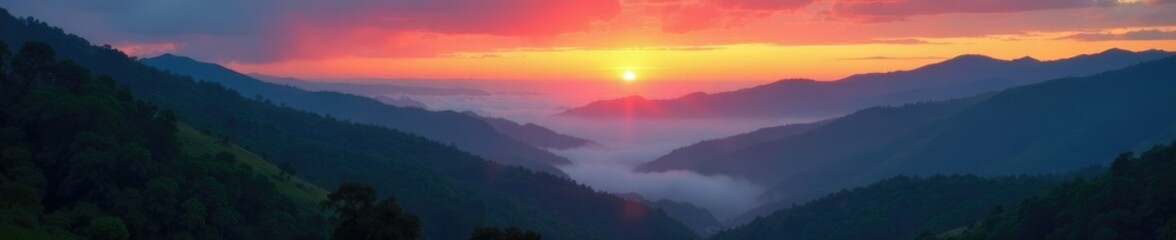 Obraz premium Rolling hills of misty mountains amidst a rainy sunset, rainy sunset, misty