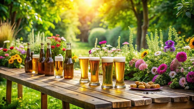 Lush greenery and vibrant flowers surround a long wooden table set with glasses and bottles of beer, greenery, refreshments